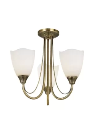 Image of Haughton 3 Light Semi Flush Multi Arm Ceiling Light Antique Brass, Opal Glass, E14