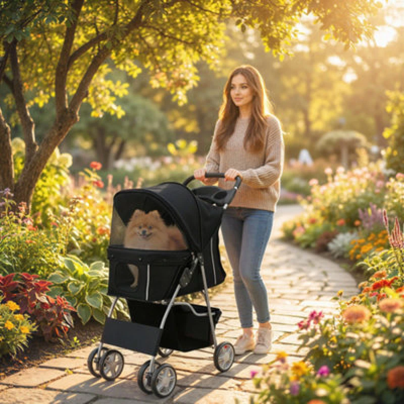 Image of Pawhut Pet Stroller Carrier Foldable Deluxe Walk Travel Dog, Black