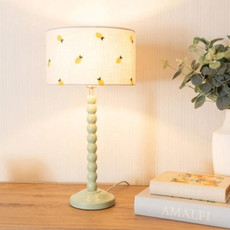 Image of ValueLights Bobbins Sage Green Table Lamp with Lemon Embroidered Drum Lamp Shade Pale Green