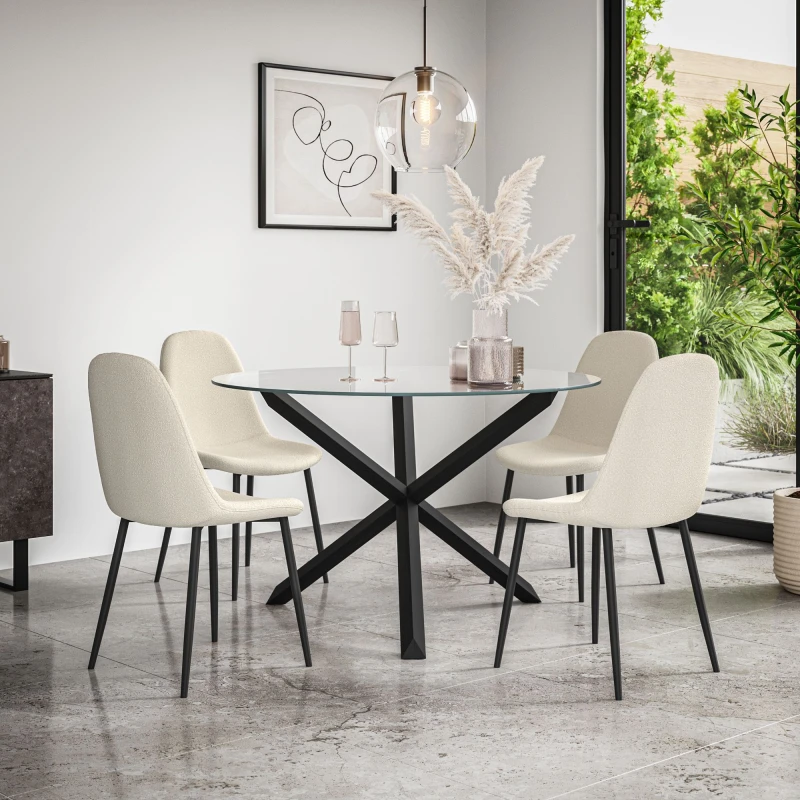 Image of More4Homes Malvern Round Dining Table And Chairs - Clear Glass Table Top W Solid Oak Black Legs + 4 Maya Boucle Dining Chairs (Ivory White)