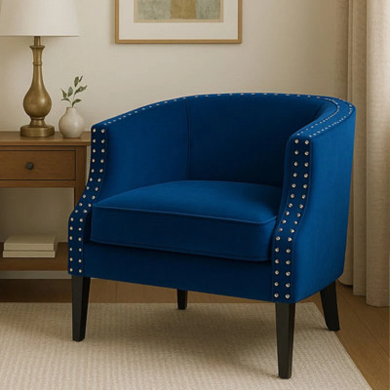 Image of Orsina Blue Velvet Studded Chair, Easy To Clean Leather Armchair, Body Supportive Accent Chair