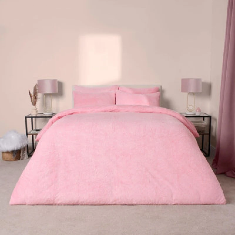 Image of OHS OHS Thermal Soft Teddy Fleece Duvet Cover Bedding Set in Baby Pink Size: Double Baby Pink Double Unisex 5027434177967