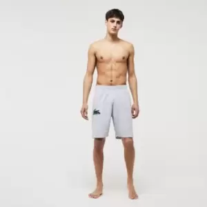 Image of Lacoste Mens Velour Crocodile Cotton Fleece Indoor Shorts Size 4 - M Grey Chine / Green