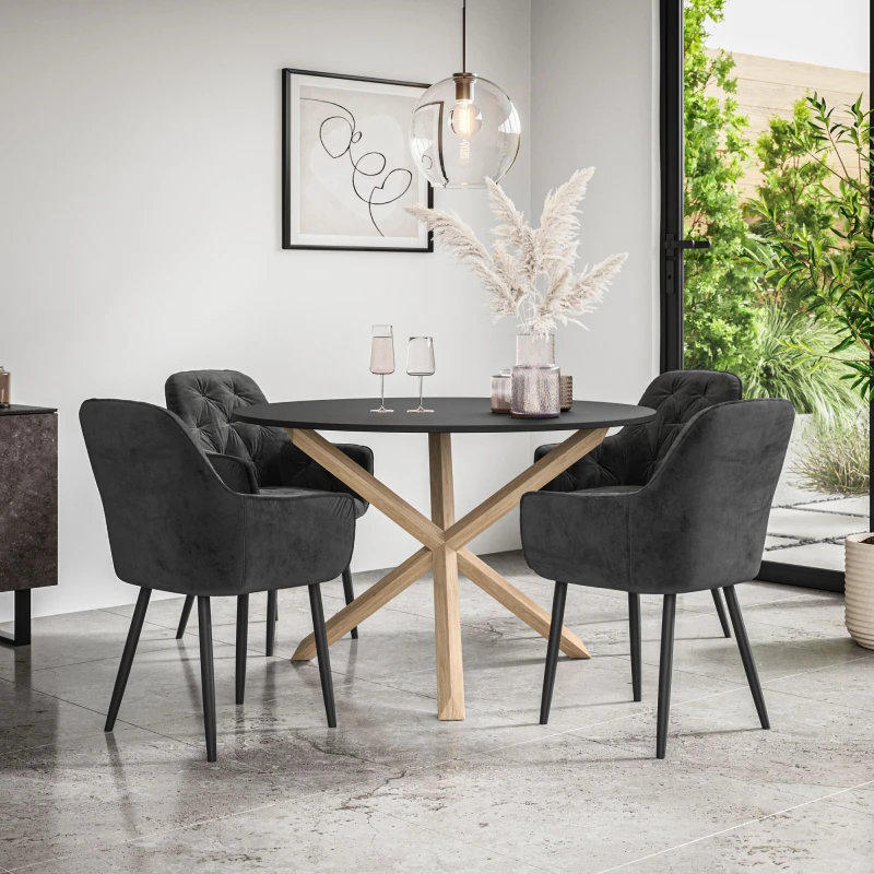Image of More4Homes Malvern Round Dining Table And Chairs - Black Table Top W Solid Oak Legs + Anika Velvet Dining Chair Set Of 4 (Black)