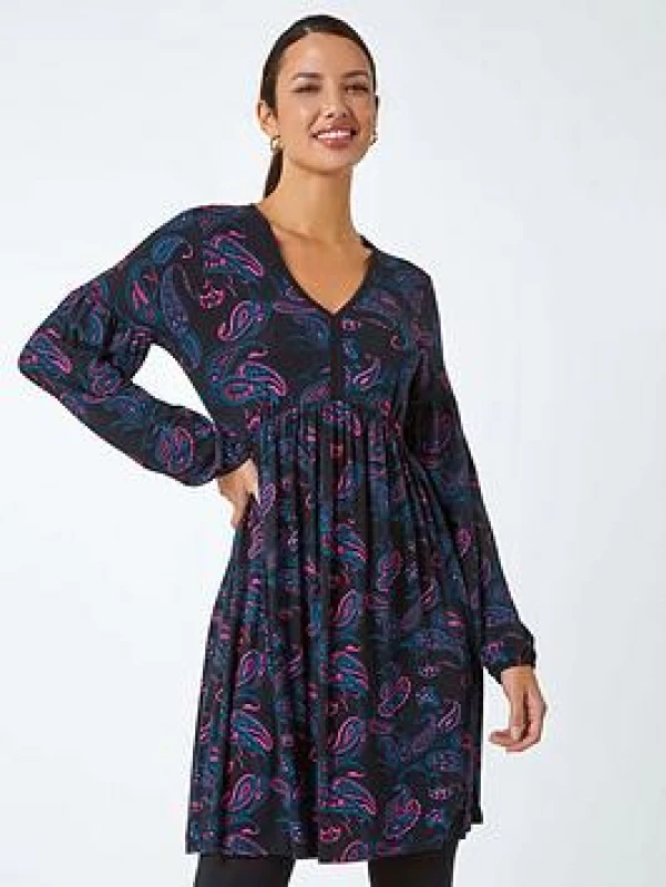Image of Roman Paisley Print Stretch Jersey Dress Black