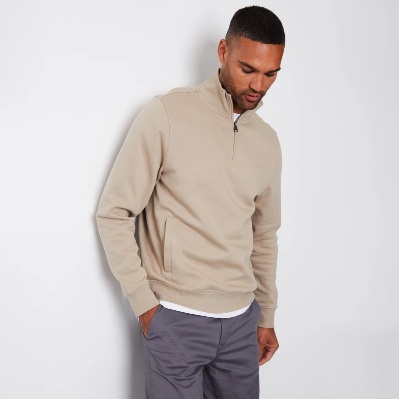 Image of Threadbare 'Patrick' Quarter Zip Neck Sweatshirt Stone