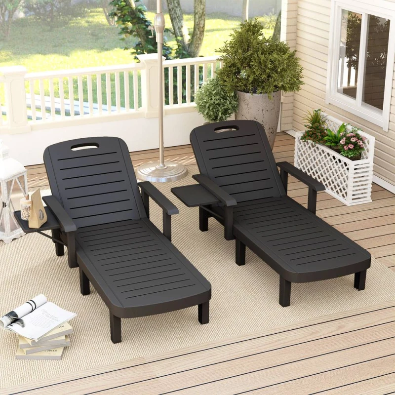 Image of OUTSUNNY Set of 2 Resin Reclining Sun Loungers for Garden, Black Unisex