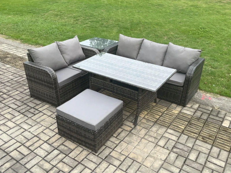 Image of Fimous Outdoor Garden Patio Furniture Wicker Rattan Oblong Rectangular Dining Table & Lounge Sofa set with Side Table Big Footstool in Dark Grey Dark