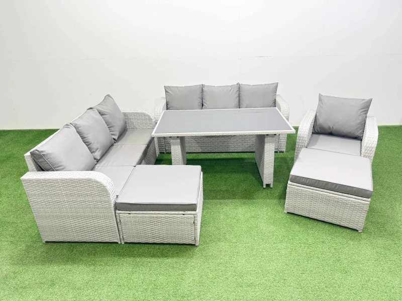 Image of Fimous 9-seater Patio Rectangular Table Sofa Set with 2 Big Stools in Light Grey Light Grey Unisex
