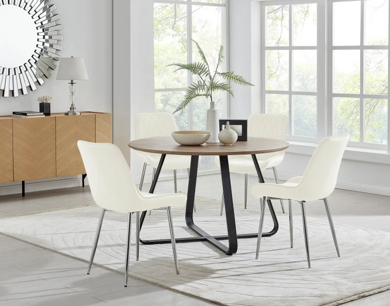 Image of FurnitureboxUK FurnitureboxUK Santorini Brown Round Dining Table And 4/6 Pesaro Silver Leg Chairs in Cream Cream One Size Unisex 5056542678370