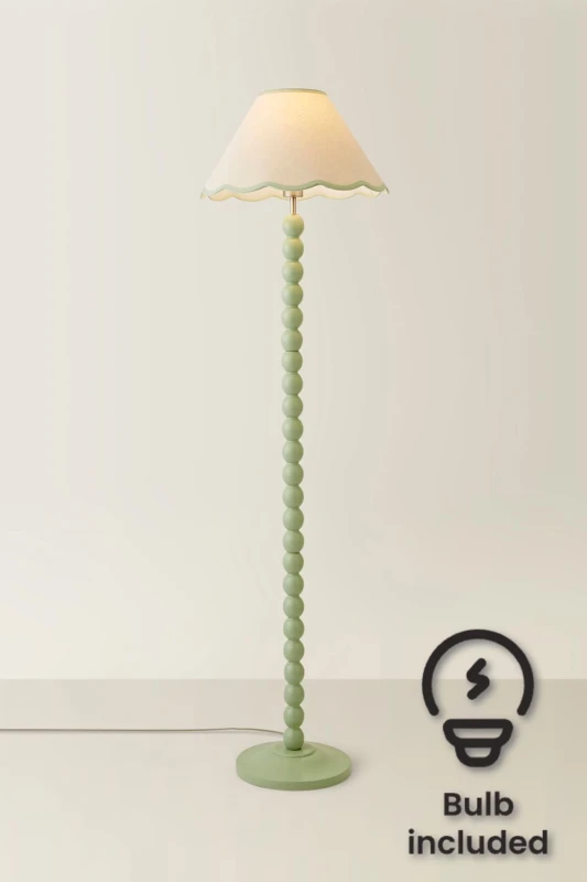 Image of ValueLights Bobbins Sage Green Floor Lamp with Tapered Linen Scallop Shade and LED Bulb Green