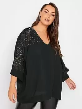 Image of Yours Diamante V Neck Cape Top, Black, Size 22, Women