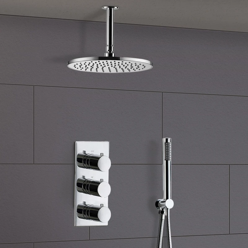 Image of Nes Home Calla Round Concealed Thermostatic Shower Valve Mixer Ceiling Head & Handset Set in Silver Silver Unisex