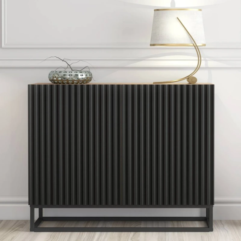 Image of Creative Furniture Ripple Sideboard 100cm - Oak & Black Fluted Doors in Dark Brown Dark Brown Unisex