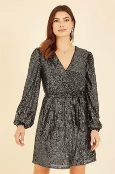 Image of Black Sequin Belted Wrap Long Sleeve Dress