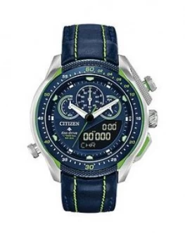 Image of Citizen Eco-Drive Promaster Black And Green Detail Chronograph Dial Green Stiched Black Leather Strap Mens Watch