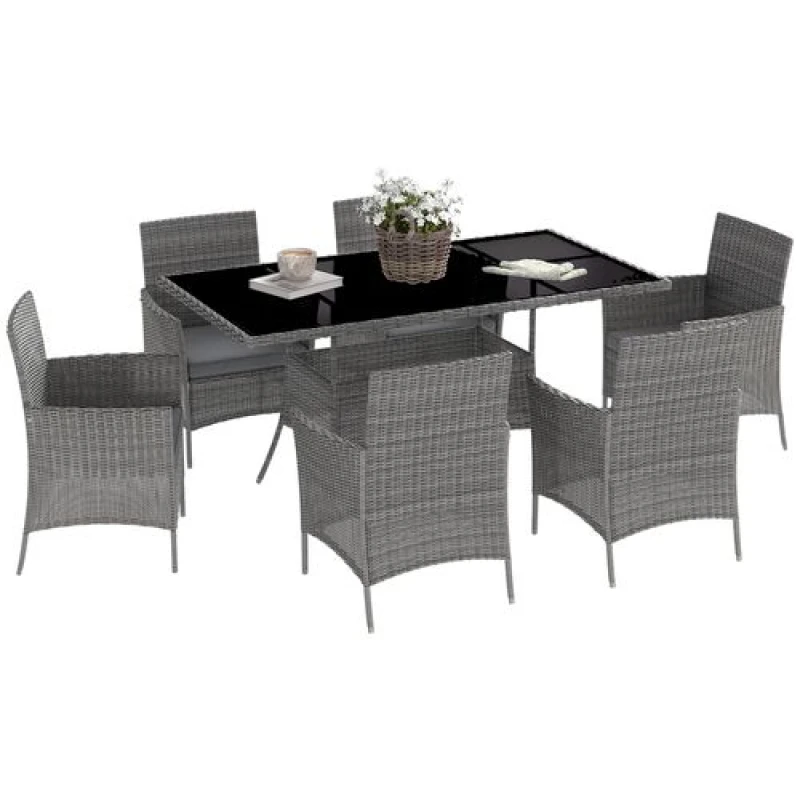 Image of Outsunny Rattan Dining Set for 6 with Cushions, Glass Top Table Dark Grey