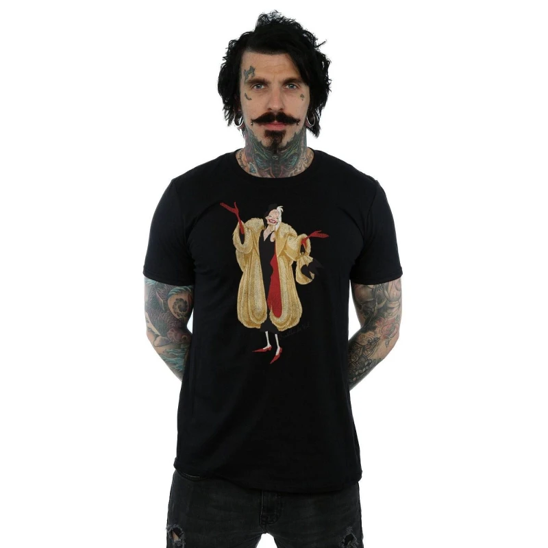 Image of Disney Men 101 Dalmatians Classic Cruella De Vil T-Shirt in Black Size: Small Black S Male 5057245581639