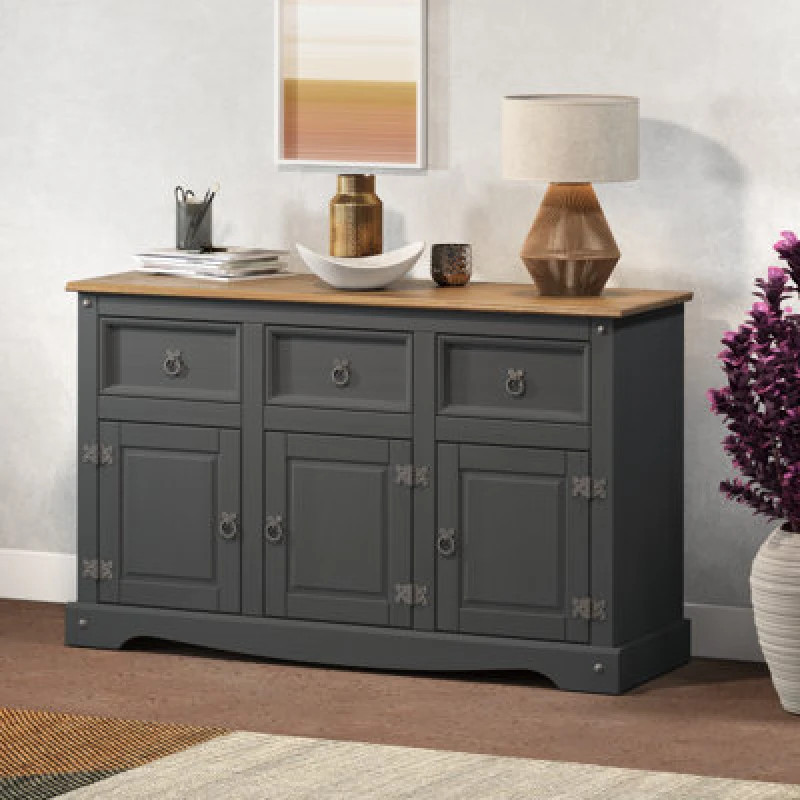Image of Mercers Furniture Corona Charcoal 3 Door 3 Drawer Sideboard Solid Pine With Mexican Styling, Grey CHARC100