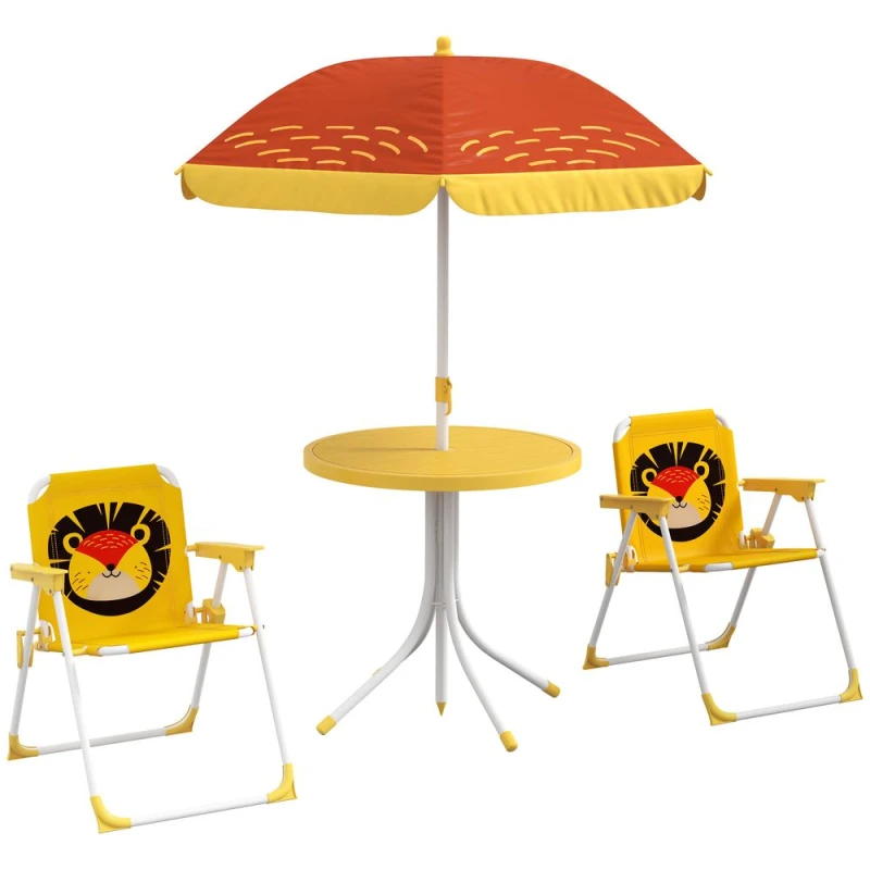 Image of Outsunny Kids Bistro Table and Chair Set with Lion Theme, Adjustable Parasol, Yellow 3E3-004V00YL