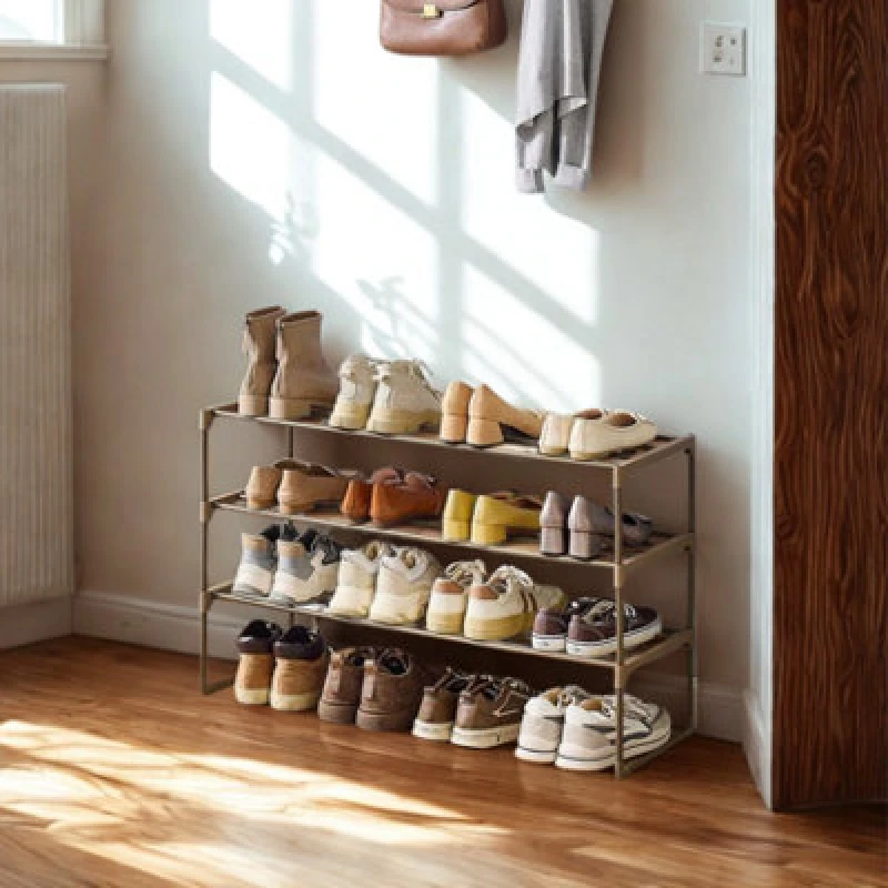 Image of FURNOLD 3 Tier Metal Shoe Rack With Open Shelves Walnut
