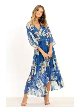 Image of Urban Blue Floral Print Kimono Midi Wrap Dress