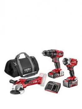Image of Ozito Ozito By Einhell 3 Piece Cordless Drill & Grinder Set (Drill, Impact, Angle Grinder +2 Batteries)
