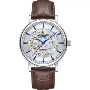 Image of Mens Locksley London 40mm Stainless Steel Dress Watch, Japanese Skeleton Automatic, Blue Index Silver Dial, Mineral Glass, 50m Water Resistance, Leath