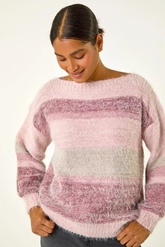 Image of Roman Womens Stripe Soft Knit Jumper in Light Pink Size: 20 Light Pink Female 20