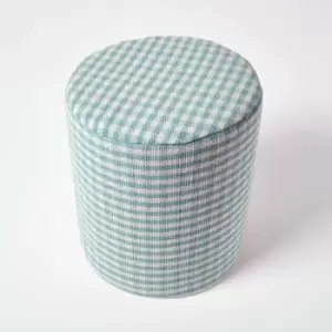 Image of Blue Gingham Check Round Pouffe Cotton 40 x 42cm - Blue - Homescapes