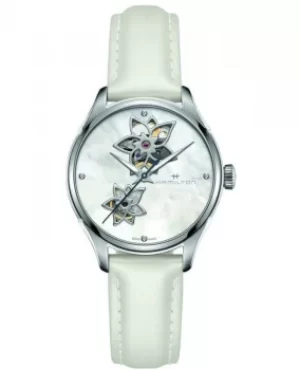 Image of Hamilton Jazzmaster Open Heart Mother of Pearl Dial White Leather Strap Womens Watch H32115892 H32115892