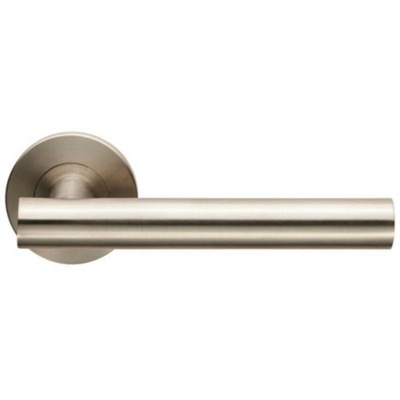 Image of Loops PAIR Straight Round T Bar Lever on Slim Round Rose Concealed Fix Satin Steel Metallics