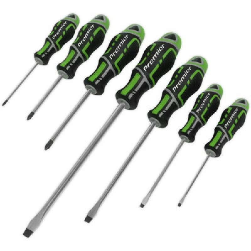 Image of Loops 7 PACK Premium Soft Grip Screwdriver Set - Slotted & POZI Various Size GREEN Green
