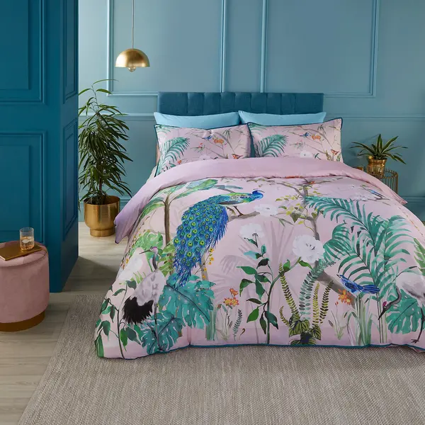 Image of Soiree Peacock Jungle 200 Thread Count Cotton Duvet Cover and Pillowcase Set Pink