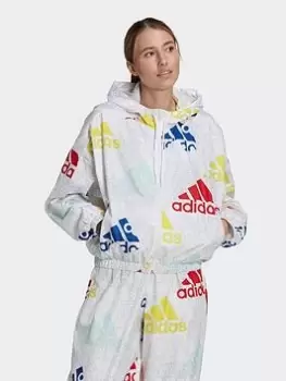 Image of adidas Essentials Multi-colored Logo Loose Fit Windbreaker, Dark Grey, Size L, Women