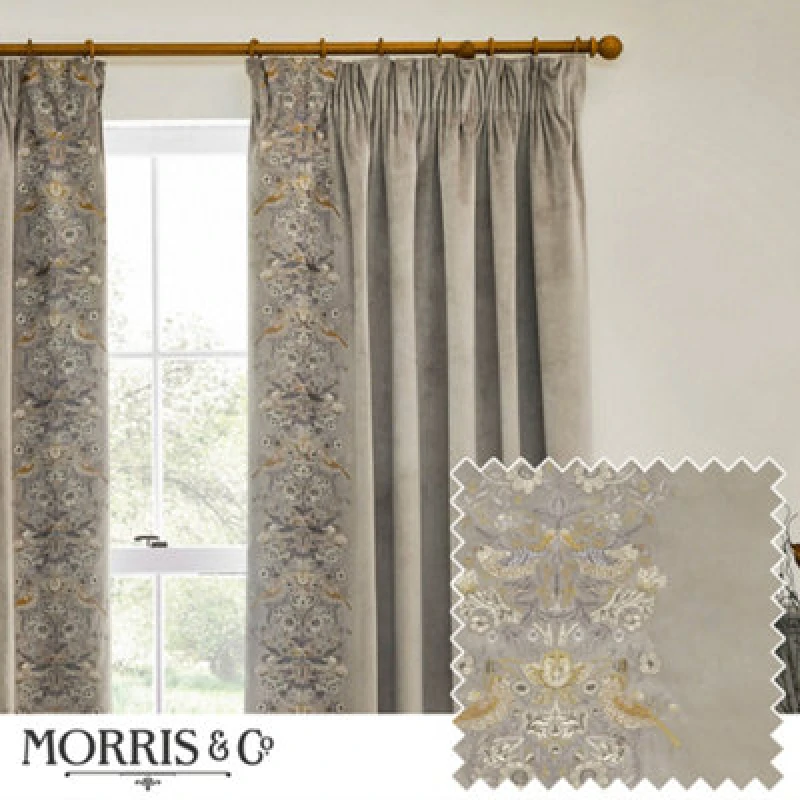 Image of Morris & Co Morris & Co Strawberry Thief Embroidery Embroidered Velvet Room Darkening Pencil Pleat Curtains in Beige Size: 168cm width x 183cm drop