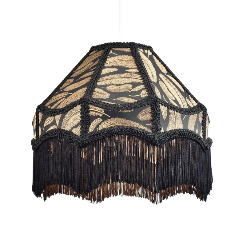 Image of Happy Homewares Traditional Black Victorian Empire Pendant Shade with Tassels & Golden Leaves Black Unisex