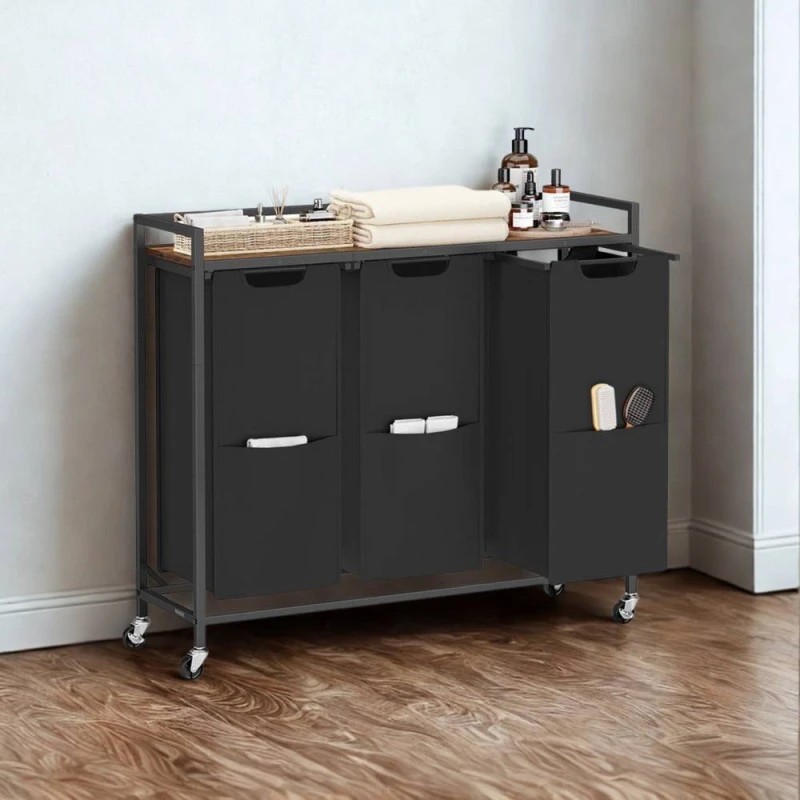 Image of Pirlo Plush Industrial 3 Compartment Laundry Basket With Shelf in Brown Brown Unisex