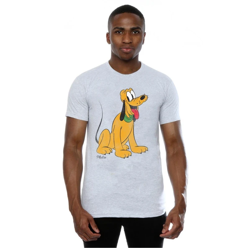 Image of Disney Men Classic Pluto Cotton T-Shirt in Grey Size: Small Grey S Male 5057068059414