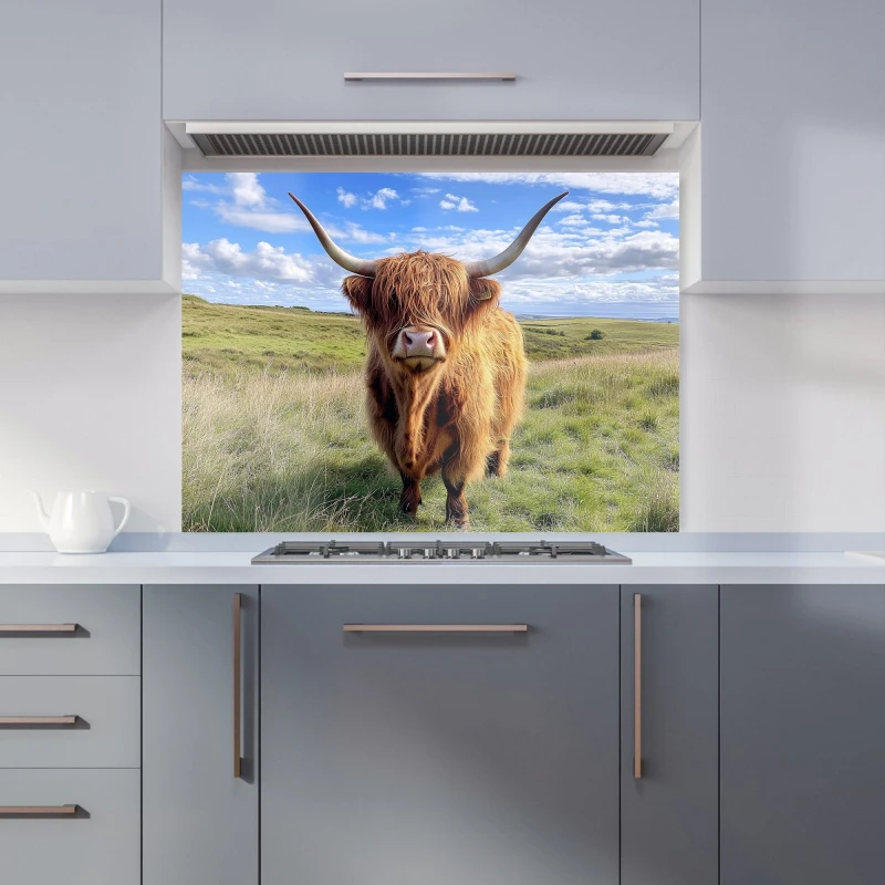 Image of Warren Reed - Designer Highland Cow In Summer Kitchen Splashback Size: 900mm x 650mm Multicolor Unisex 900mm x 650mm