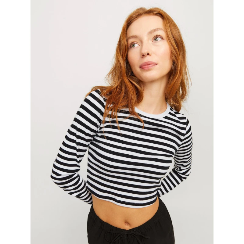 Image of JJXX Womens Feline Long-Sleeve Striped Crop Top Bright White female 12 (M)