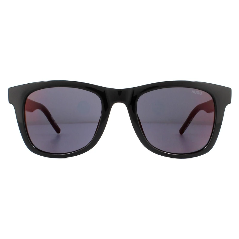 Image of HUGO Rectangle Shiny Black Red Mirror Sunglasses Black