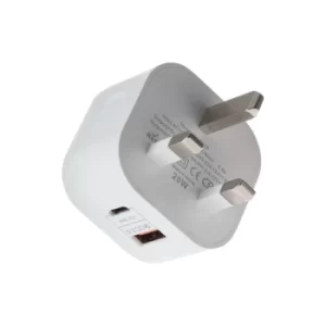 Image of Maplin 2 Port USB-C and USB-A UK Wall Charger Quick Charge 3 Power Delivery up to 20W- White