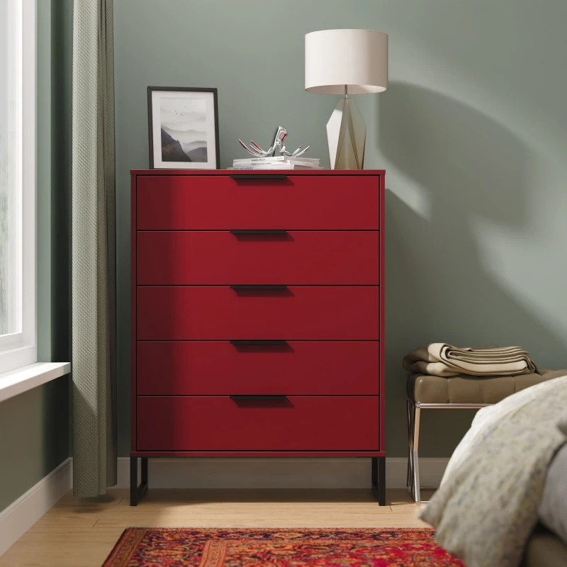 Image of Havana Ready Assembled 5 Drawer Chest in Red Matt - Welcome Furniture TJ Hughes 5056812212266