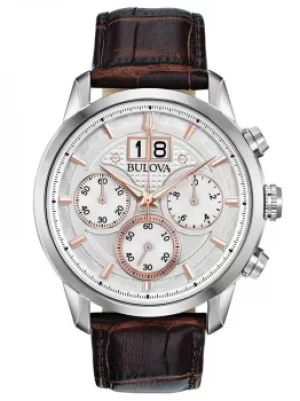 Image of Bulova Mens Sutton Stainless Steel Silver Chronograph Dial Brown...