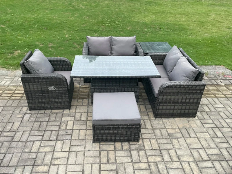 Image of Fimous Wicker PE Rattan Furniture Garden Dining Set With Reclining Chair Side Tables Big Footstool Dark Grey