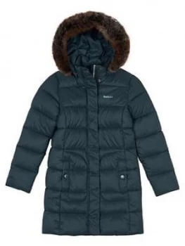 Image of Barbour Girls Bridled Quilt Faux Fur Hooded Coat - Green, Size 14-15 Years, Women