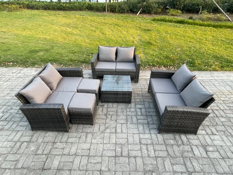 Image of Fimous Outdoor Lounge Sofa Set Wicker PE Rattan Garden Furniture Set with Square Coffee Table Double Seat Sofa in Dark Grey Dark Grey Unisex