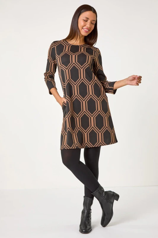 Image of Roman Geometric Jacquard Stretch Dress Tan female