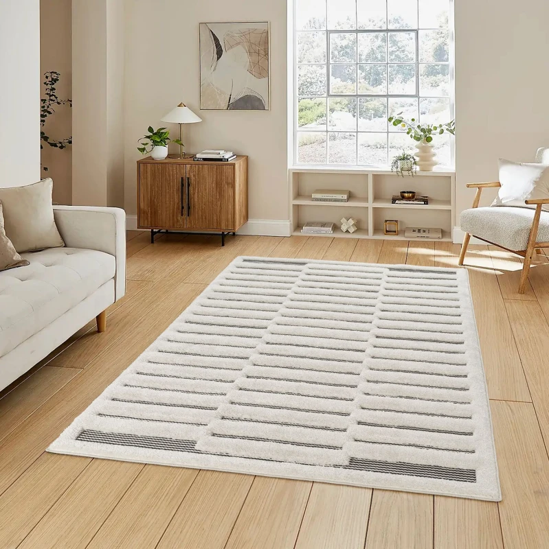 Image of Freya Living Room Area Rug Contemporary 3D Embossed Modern Stripe Bar Design - Cream 160Cm X 230Cm